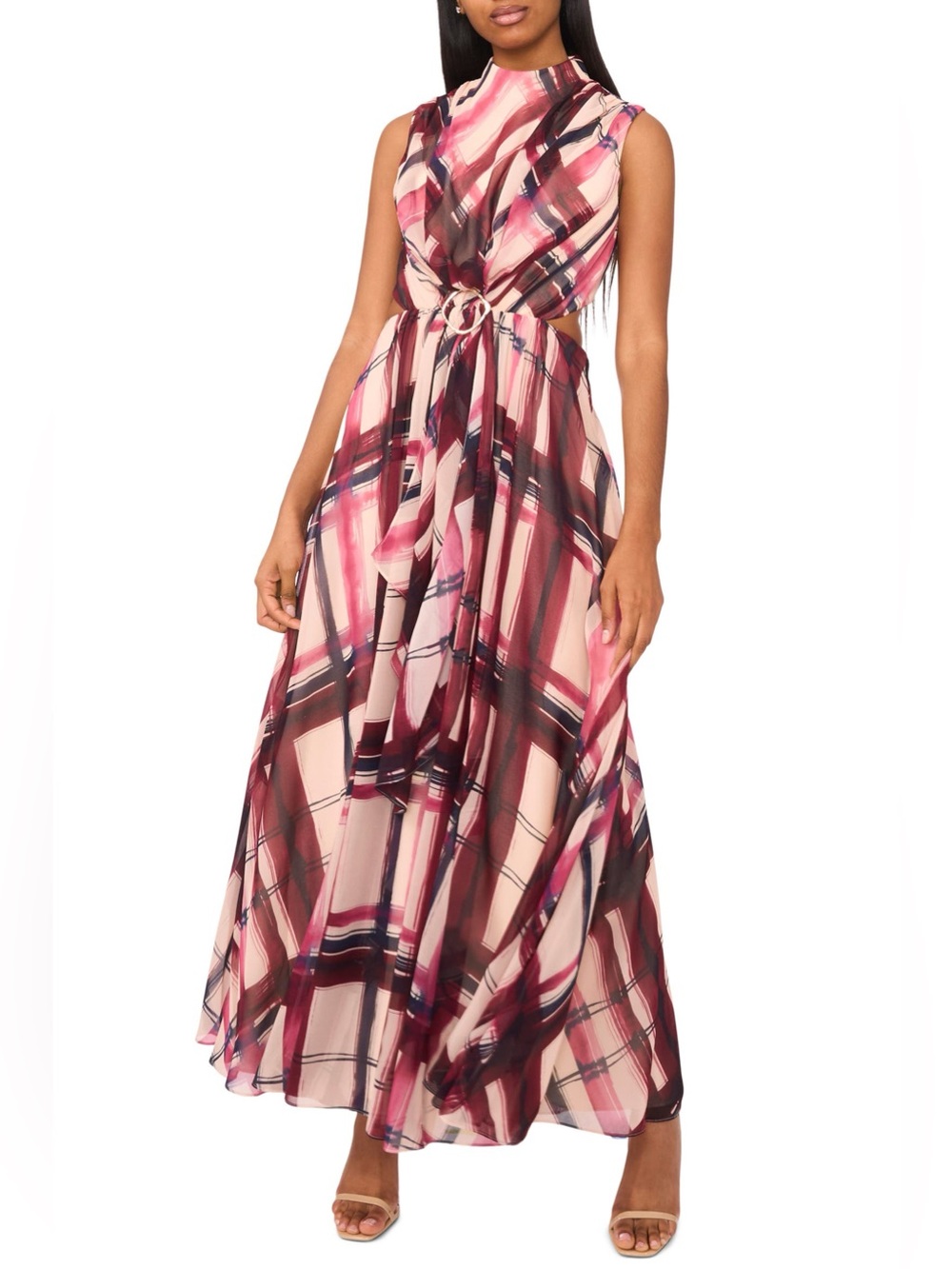 Parker The Evette Mock Neck Evening Formal Maxi Dress Size 8 Burgundy Cream